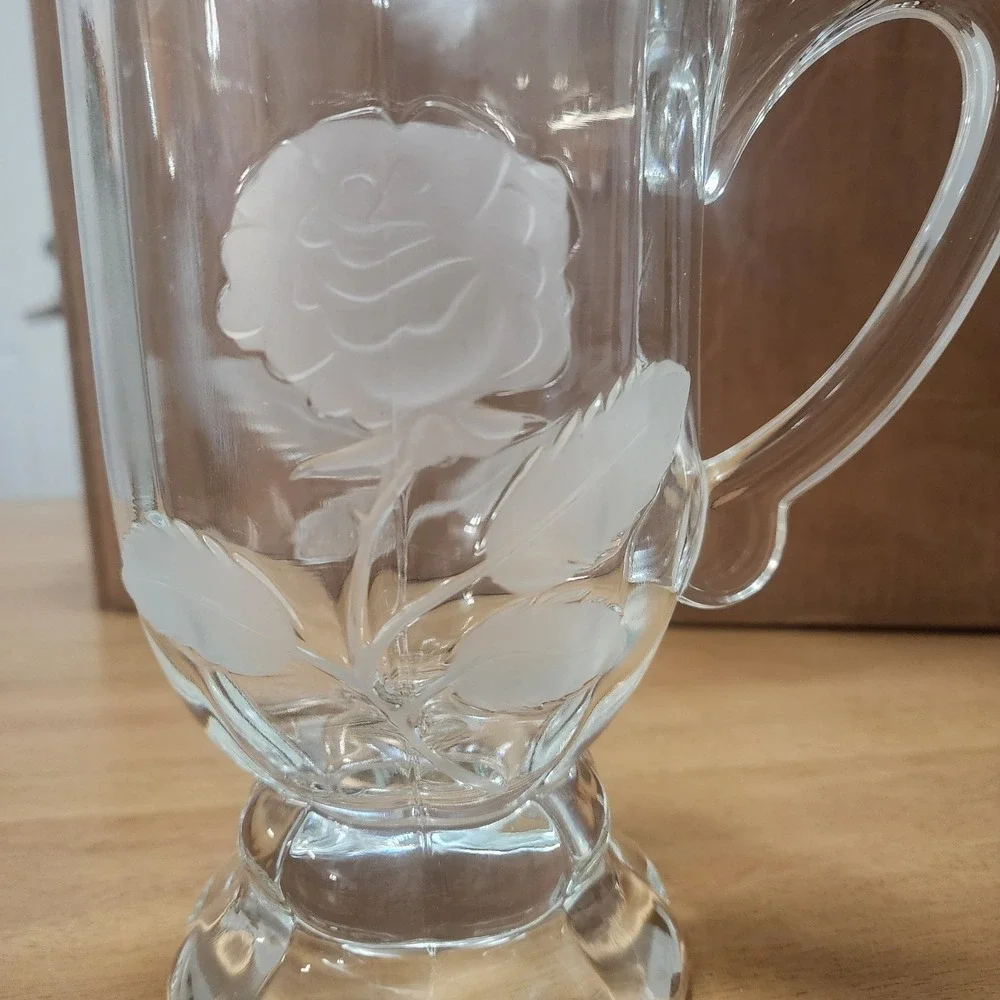 imperlux hardcut crystal Clear Glass Pitcher Roses Beaded  Footed etched fluted